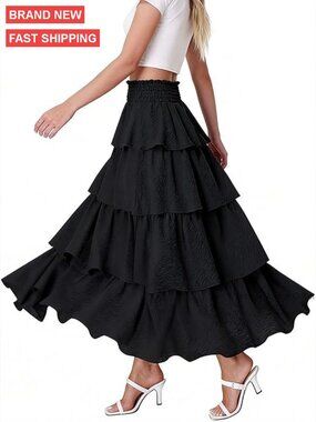 Maxi Skirt High Waisted Tiered Layered Flowy Long Skirt for Wedding Party